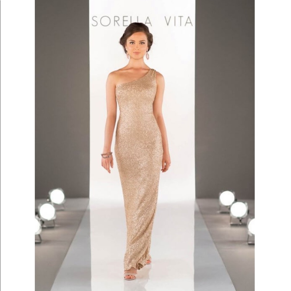 SORELLA VITA Gold Sequin One Shoulder Maxi Dress Size 8